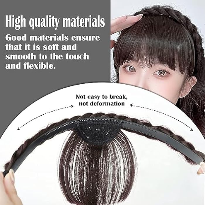 Goodern Front Bangs Fringe Extensions Headband - Fashion Women Braided Hoop Natural Synthetic Wig Bang Hairpieces Daily Wear Fake Forehead Hair Headband for Women Girls - Black - Image 5